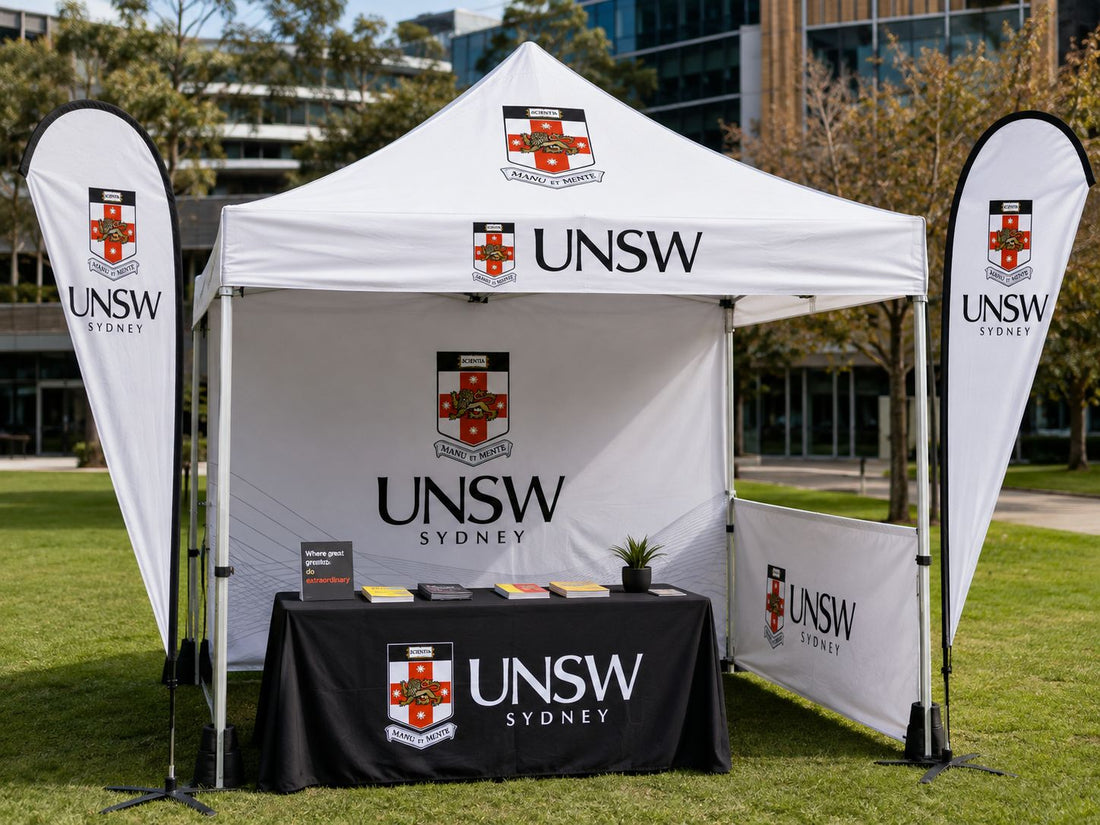 Custom gazebo market stall setup with canopy print teardrop flags feather flags printed wall and branded tablecloth