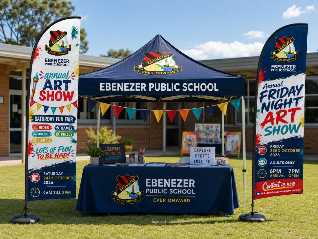 School event custom gazebo setup with feather flags gazebo banner and custom tablecloth