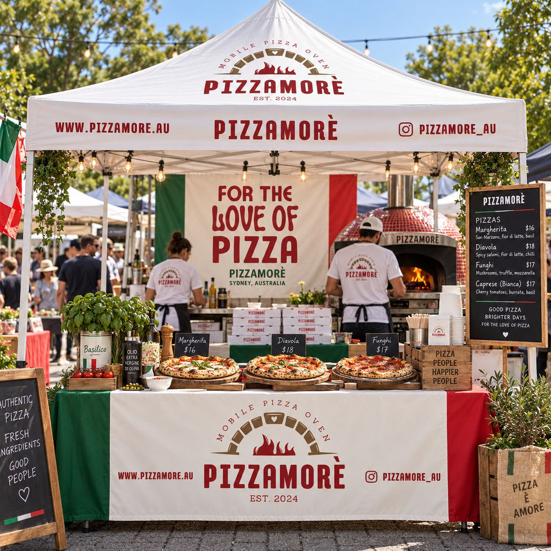 Pizzamore's branded food market gazebo concept featuring a custom printed canopy, Italian-inspired graphics, a printed back wall and a matching front half wall.